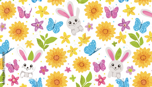 unny and butterfly pattern. Easter seamless flower and rabbit crayon vector background. Cute floral pattern with rainbow bunny animal, spring butterfly. Easter baby rabbit design.backgrounds, colors, 