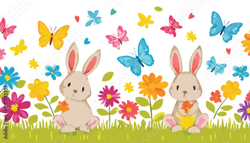 unny and butterfly pattern. Easter seamless flower and rabbit crayon vector background. Cute floral pattern with rainbow bunny animal, spring butterfly. Easter baby rabbit design.backgrounds, colors, 