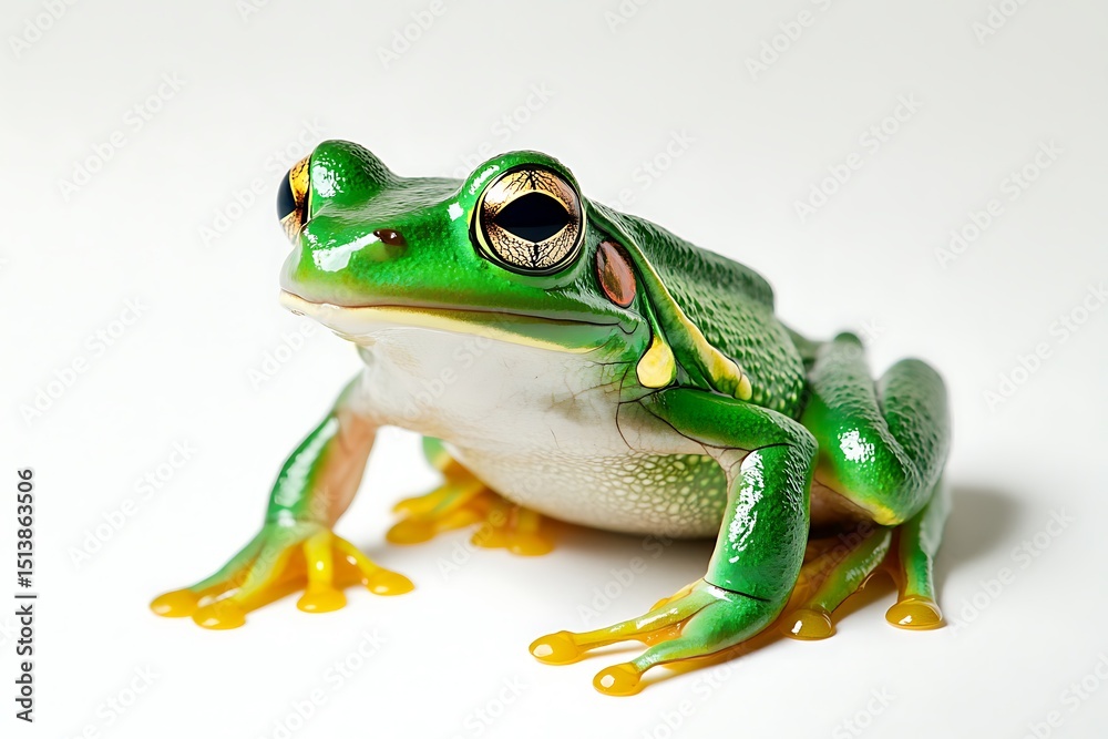 Fototapeta premium Vibrant green tree frog closeup on white background