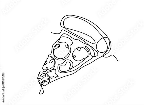One line Drawing or illustration of slice of pizza with pepperoni and mushrooms. Editable stroke.	
