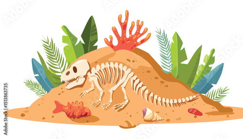 Archeologic fossil dig set. Dinosaur dino foot, sea animal, fish skeleton, plant, shell. Ancient sand stone. Evolution rock prehistoric art. Paleontology, archaeology, evolution, fossil, ground, 