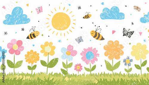 Spring kid crayon drawing. Cute child hand drawn vector art. Chalk or pencil sunny summer bg. Cartoon doodle pastel painting. Flower, bee, butterfly fun spring background.paint, 