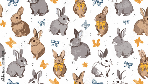 Bunny pattern with bow, flower. Cute Easter animal. Crayon print with coquette bow ribbon. Vintage bunny background, chalk texture. Seamless design, kid birthday or Easter.rabbit, birthday, brush, 