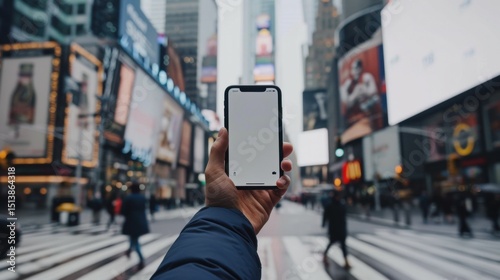 Hand holding smartphone with blank screen in Times Square, New York City, capturing urban cityscape background