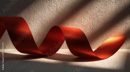 Red Satin Ribbon on Beige Textured Background