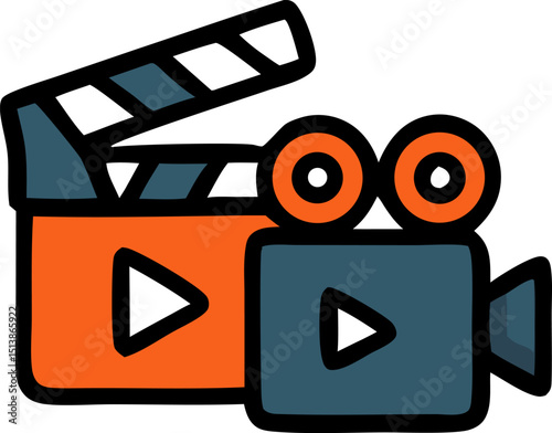 Clapperboard and video camera icon for film production, movie making, video recording, cinematography, media projects, and broadcasting related themes.