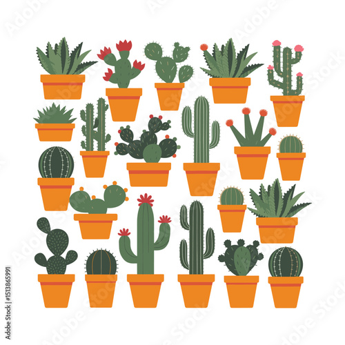 Collection of Potted Cactus and Succulent Plants in Flat Style