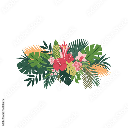 Tropical Floral Banner with Exotic Leaves and Hibiscus Flowers
