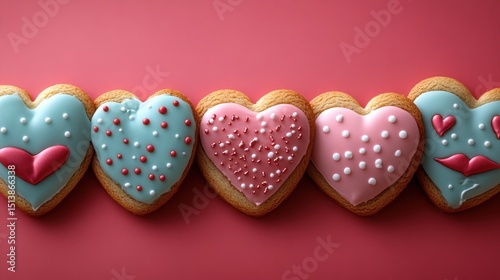 Heart shaped cookies with pink and blue icing on a pink background valentine’s day copy space