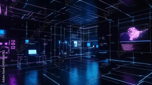 Immersive Digital Landscape: A Futuristic Room with Glowing Lines and Holographic Displays