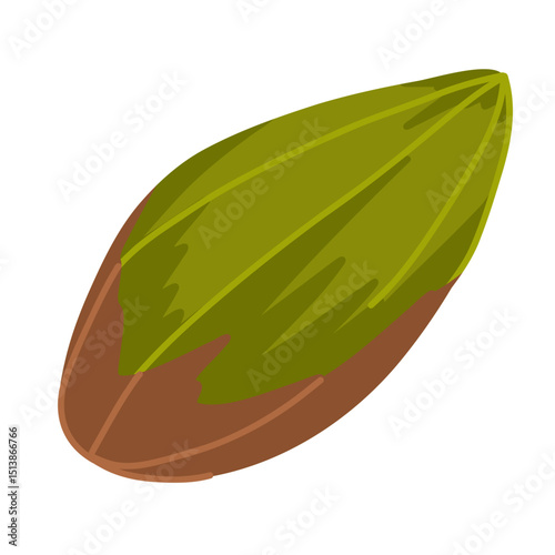 Single green pistachio without shell. Vector hand drawn food illustration. For healthy product packaging, menu visuals, nutrition apps, organic branding, snack graphics