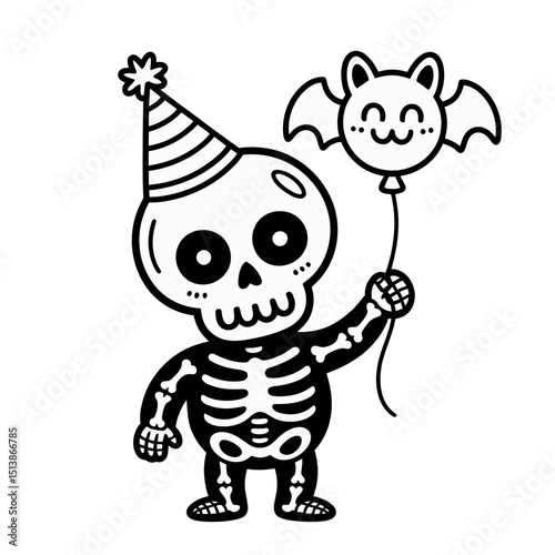 A cute cartoon skeleton wears a party hat and holds a balloon shaped like a smiling bat