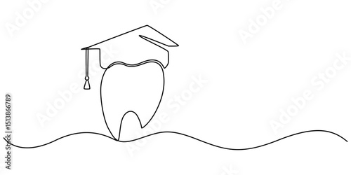 dental logo with graduation cap continuous one line drawing, One line drawing of a teeth, Graduation Cap Continuous Line Art Illustration, Tooth in graduation hat dental school icon isolated. Vector.