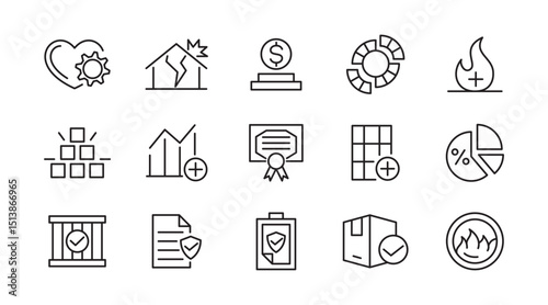 Insurance line icon set. Employee benefits, secure life, car accident, health, bank, property, coverage, security, guarantee, assurance, indemnity outline icon collection. UI thin outline icon pack