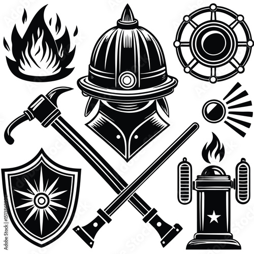 Firefighter Emblem and Icon Set – Vector Graphics Collection,
Black and White Firefighter Equipment and Symbol Illustrations,
Fireman Helmet, Hydrant, and Axe Logo Icons – Emergency Response Art.