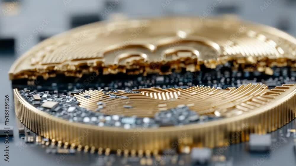 Digital Disruption: A Close-Up View of Decaying Bitcoin on Circuit Board Technology