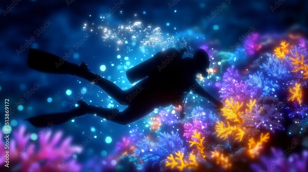 Naklejka premium Underwater Diver Silhouette Glowing Coral Reef Night Dive Ocean Exploration