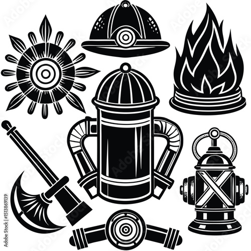 Firefighter Emblem and Icon Set – Vector Graphics Collection,
Black and White Firefighter Equipment and Symbol Illustrations,
Fireman Helmet, Hydrant, and Axe Logo Icons – Emergency Response Art.