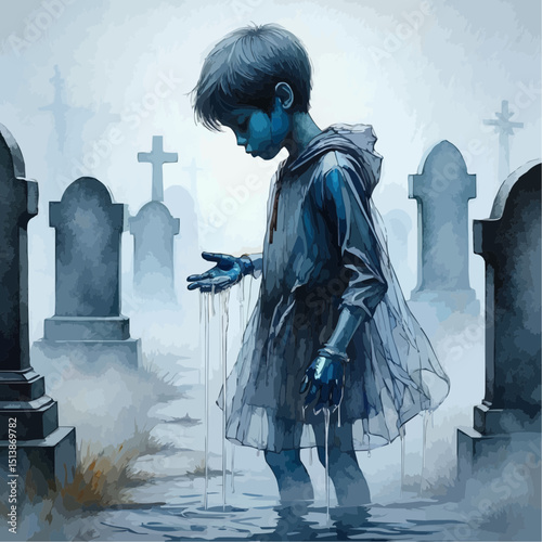  Ethereal Child melancholic standing with outstretched hands in misty graveyard