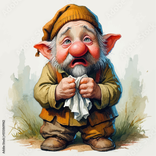  Gnome sad clutching cloth and crying in outdoor setting