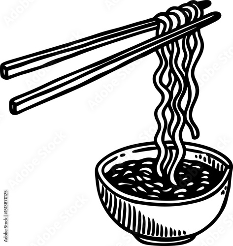Chopsticks lifting noodles from bowl hand drawn ramen illustration, asian cuisine, hot soup, comfort food concept