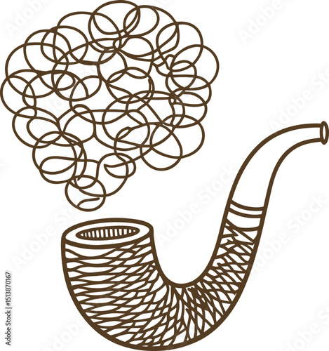 Smoking pipe with whimsical swirling smoke, retro hand drawn sketch vintage tobacco accessory illustration