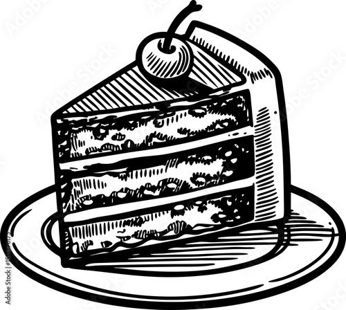 Slice of layered chocolate cake with cherry on top, vintage sketch illustration on plate, dessert food concept