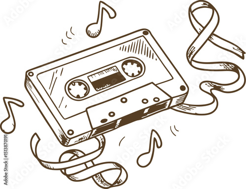 Retro audio cassette tape with musical notes and tangled ribbon vintage analog music nostalgia illustration