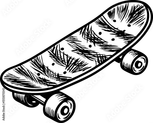 Classic skateboard with textured wooden deck and four wheels urban street sport, youth activity illustration