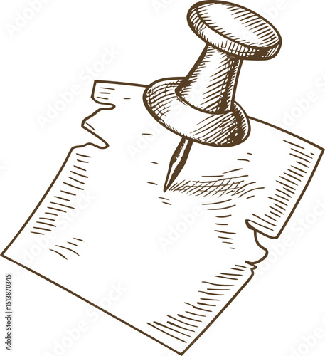 Pinned note illustration hand drawn sketch of pushpin holding paper reminder, message, or memo on surface