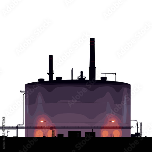 Industrial storage tank silhouette with glowing lights, minimalistic style, isolated on a white background, featuring copy space