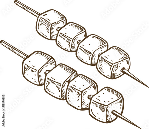 Marshmallow skewers hand drawn illustration sweet dessert cubes on sticks for camping, roasting, outdoor treats