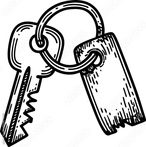 Vintage metal keys with rectangular tag on keyring hand drawn sketch, retro security concept, isolated illustration