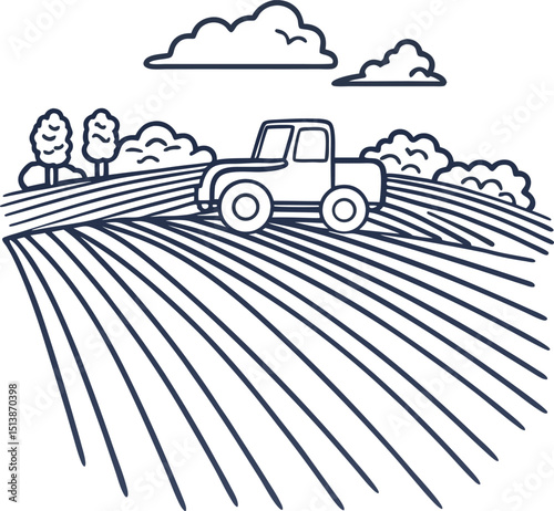 Tractor working in plowed field, agriculture concept farm landscape with trees, clouds, rural countryside scene