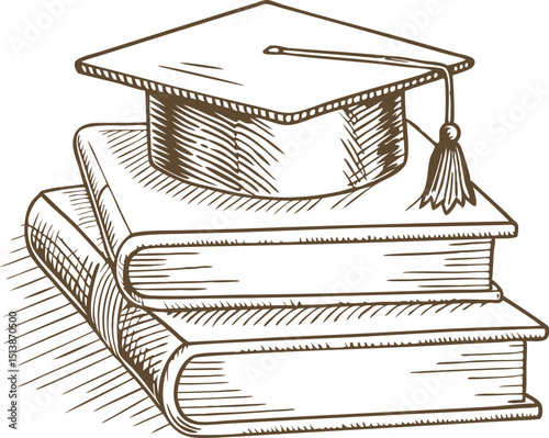 Graduation cap resting on stacked books academic achievement, education success, knowledge and scholarly learning