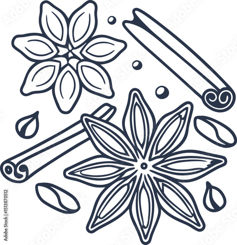 Cinnamon sticks and star anise with cardamom pods aromatic spices illustration for flavor and seasoning concepts