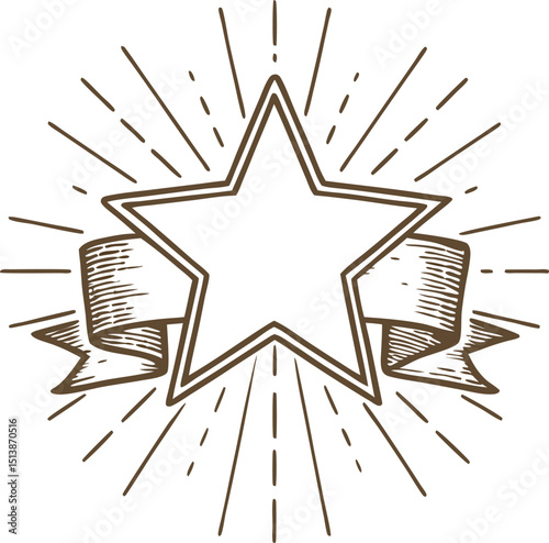 Shining star with ribbon banner and rays award achievement symbol, hand drawn vintage sketch illustration