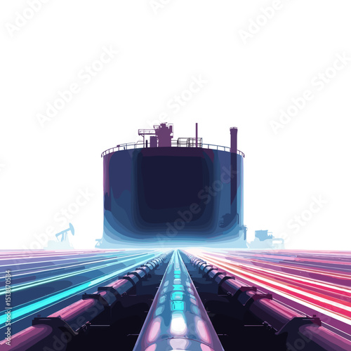 Futuristic industrial pipeline leading to a storage tank, vibrant neon lights, abstract art style, featuring copy space