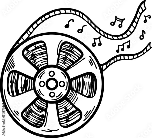 Vintage film reel with musical notes on unwinding strip cinematic art, entertainment and music creativity symbol
