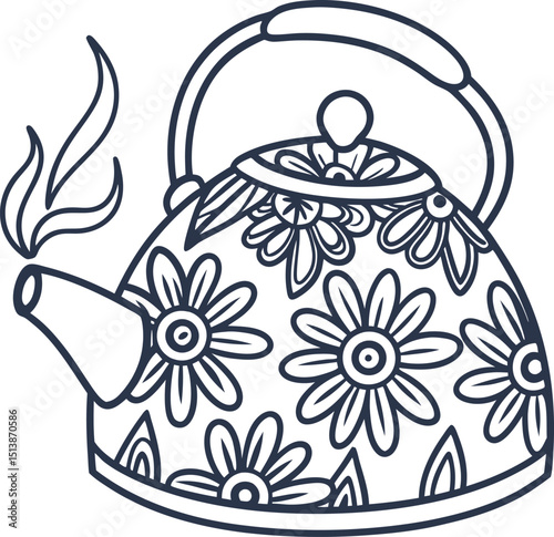 Decorative floral tea kettle with steam hand drawn vintage teapot, ornate flower pattern, hot drink concept
