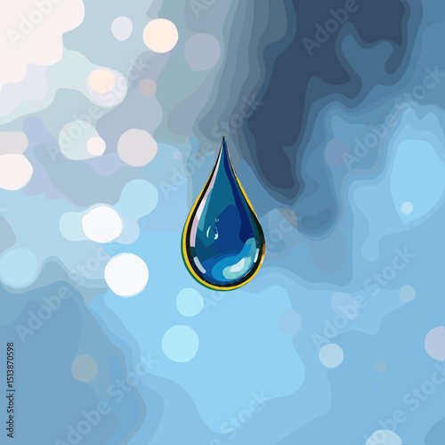 Elegant water droplet with shimmering reflections, soft bokeh background, clean and minimalistic style, featuring copy space