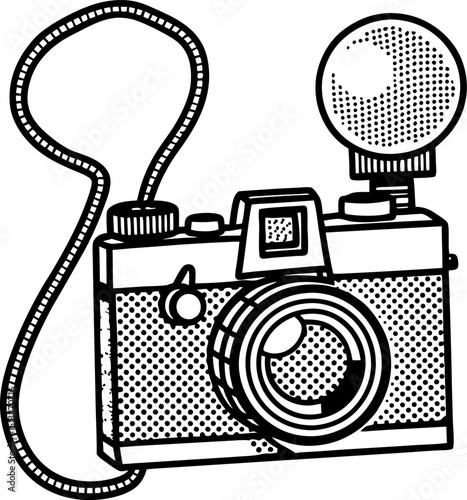 retro camera illustration with flash and strap vintage analog device, detailed black and white drawing isolated
