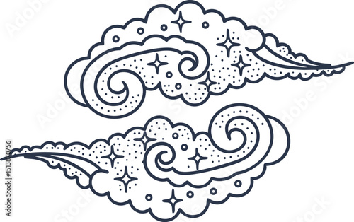 Swirling decorative clouds with stars hand drawn outlined fantasy sky elements, whimsical dreamy stylized design