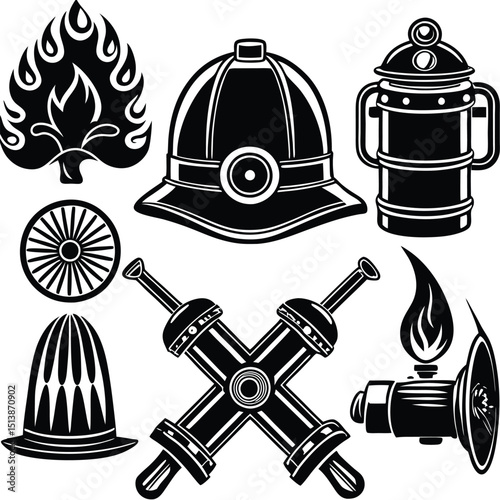 Firefighter Emblem and Icon Set – Vector Graphics Collection,
Black and White Firefighter Equipment and Symbol Illustrations,
Fireman Helmet, Hydrant, and Axe Logo Icons – Emergency Response Art.