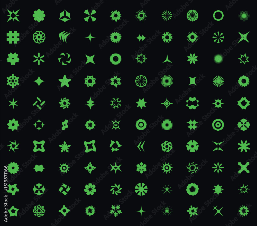 Super pack de 100 iconos vectoriales en verde neón: formas geométricas abstractas y estrellas.