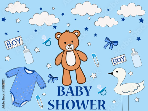Baby shower boy hand drawn set. New baby items and icons. Cute doodle illustrations including teddy bear, baby clothes, bib, bottle, cloud, bunting banners, diaper, stork. black and white vector 
