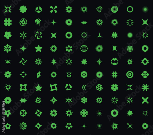 Super pack de 100 iconos vectoriales en verde neón: formas geométricas abstractas y estrellas.