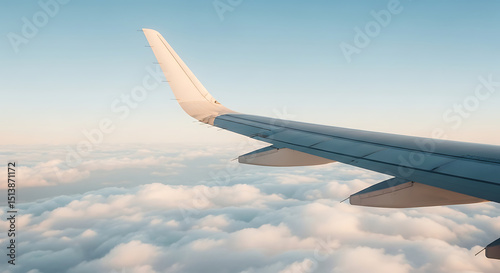 View of airplane wing above the clouds during a serene flight
