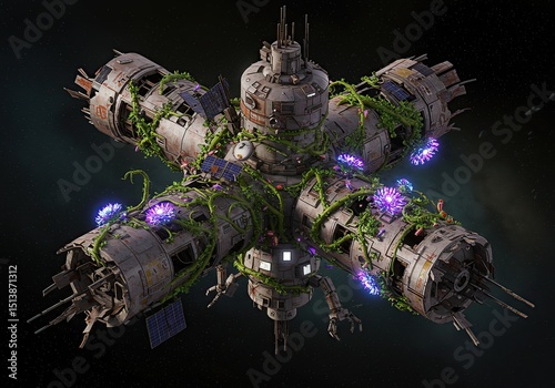 Abandoned space station overgrown with vibrant plants and glowing lights