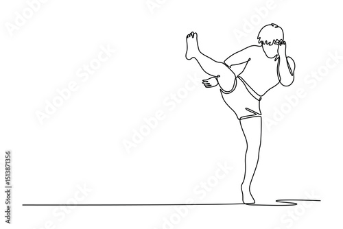 Single one line drawing professional male kickboxer boxing training at indoor gym. Fit muscular man athlete fighting. Sport, competition, tournament. Continuous line design graphic vector illustration